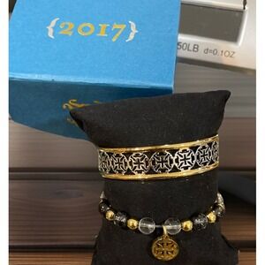 Rustic‎ Cuff Mixed Metal 2 Piece Gold Silver Cuff & Beaded Bracelet Set Wedding